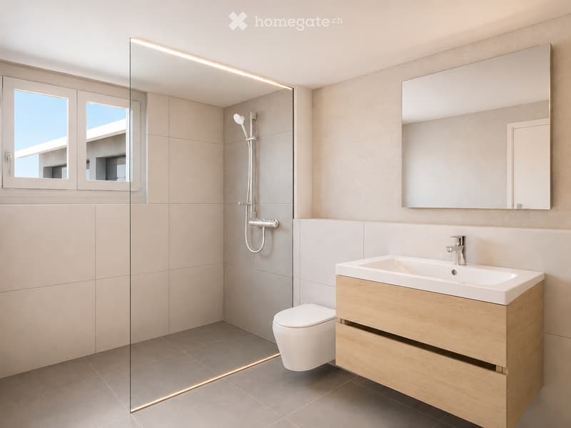 Modern bathroom with a white sink, wooden vanity, large mirror, toilet, and glass-enclosed shower area with a modern showerhead.