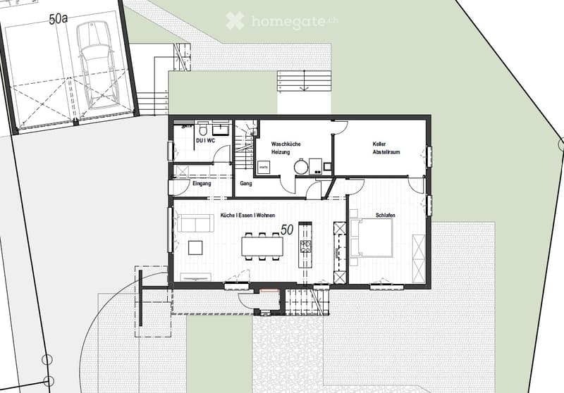 Floor plan of a residential unit showing a kitchen, living/dining area, bedroom, bathroom, hallway, laundry room, heating room, and basement storage area. Includes a parking space outside.