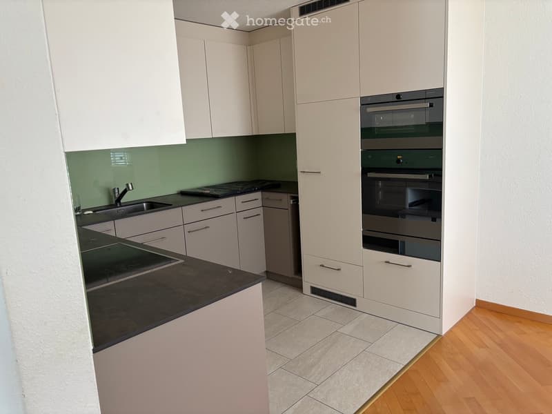 Modern kitchen with white cabinets, black countertops, induction cooktop, sink, and built-in oven. Features a glass backsplash and wooden flooring.
