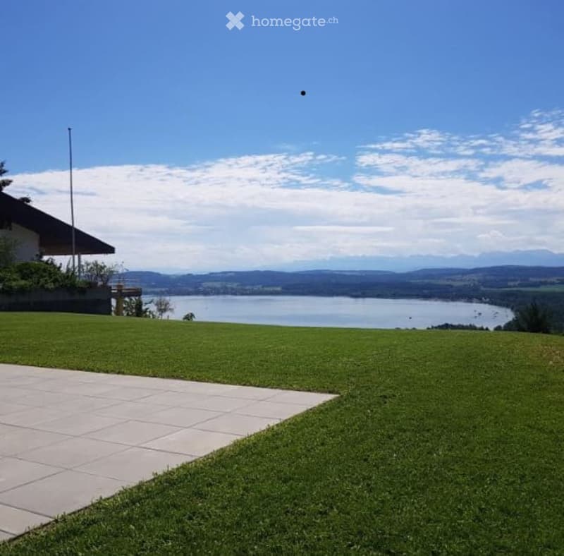 Lush green lawn with a paved patio area, overlooking a scenic lake and distant mountains under a clear blue sky.