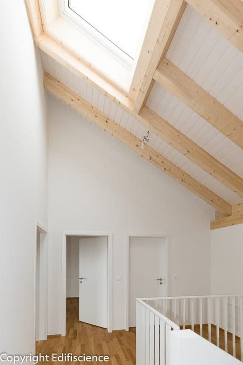 Bright, open attic space with wooden beams, skylight, and wooden flooring. Two white doors lead to adjacent rooms, and a white railing borders the open area.