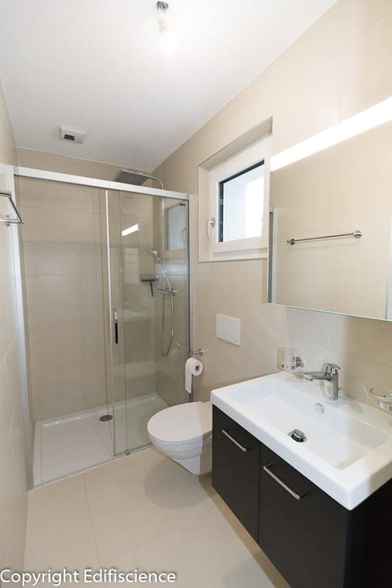 Modern bathroom with a glass-enclosed shower, toilet, sink, and mirrored cabinet. Light-colored tiles and sleek fixtures.