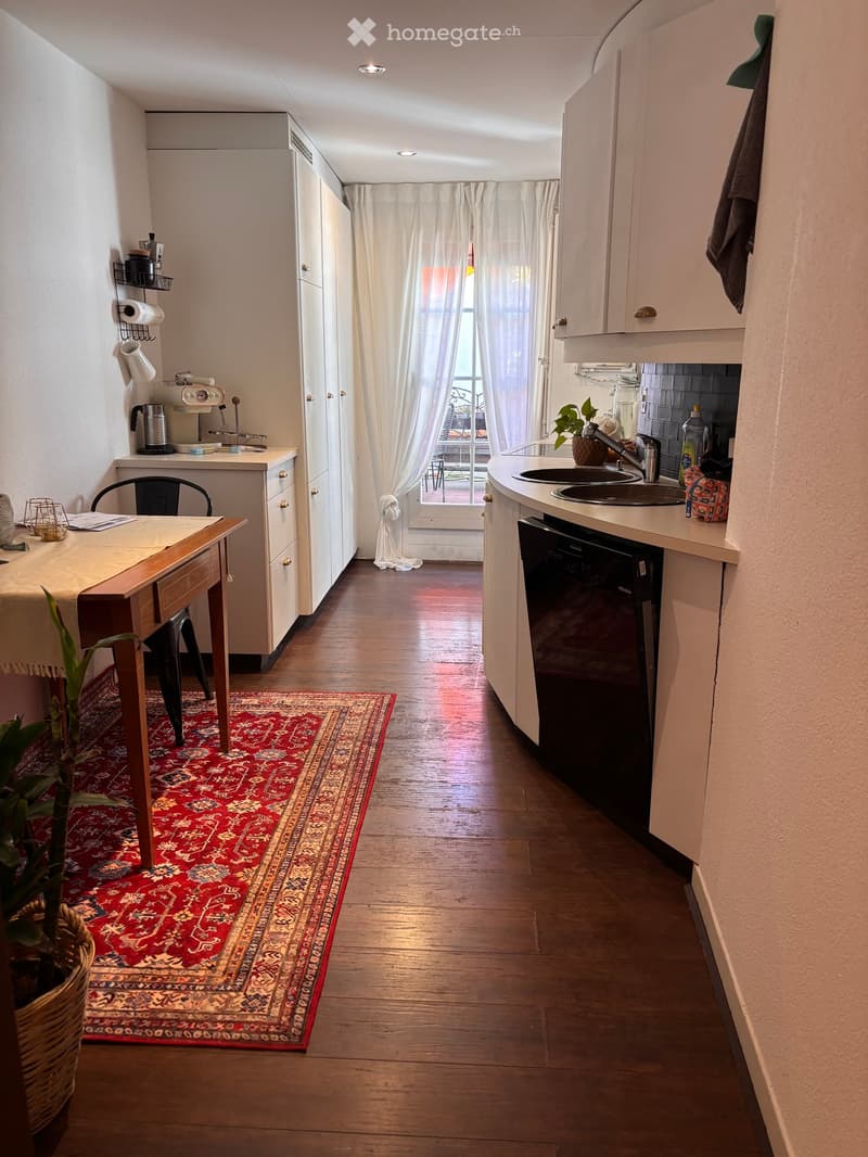 A narrow hallway with a wooden floor, leading to a small kitchen area with white cabinets, a sink, and a dishwasher. A small table with a chair is placed on a red patterned rug, and a plant is visible near the table.