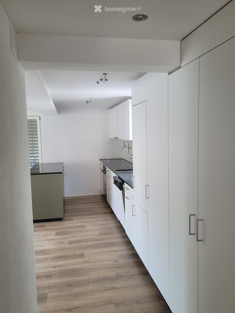 Modern kitchen with white cabinets, wooden flooring, and stainless steel appliances.