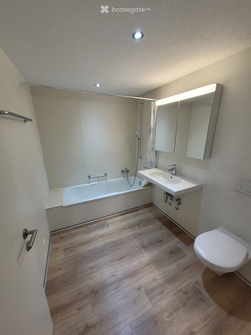 Modern bathroom with wooden flooring, a bathtub, a sink, a toilet, and a large mirror with built-in lighting.