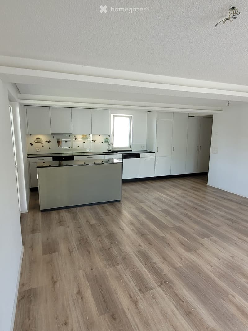 Modern kitchen with light grey cabinetry, a central island, and a window above the sink. The floor is made of light wood.