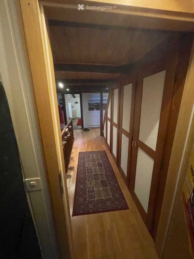 Wooden hallway with a patterned rug, wooden doors, and visible rooms at the end.
