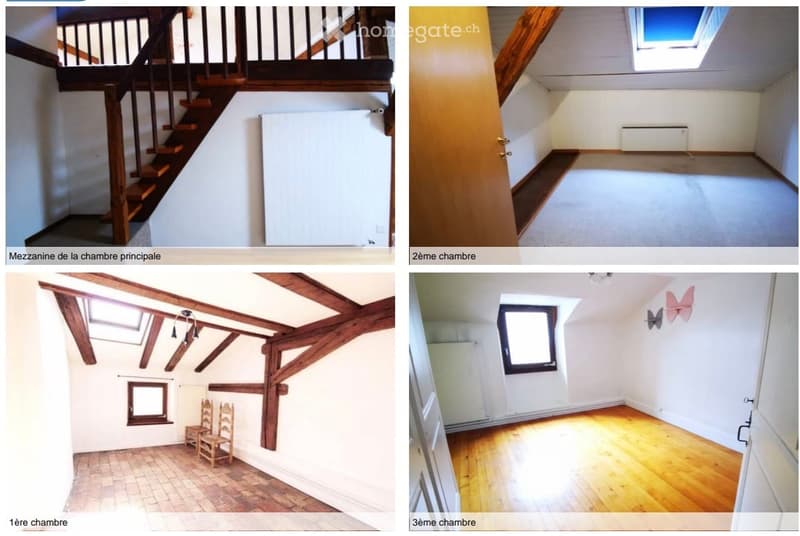 Four unfurnished rooms shown: a staircase landing, a carpeted room, a room with wooden beams and two chairs, and a wooden-floored room with a window and wall-mounted decor.