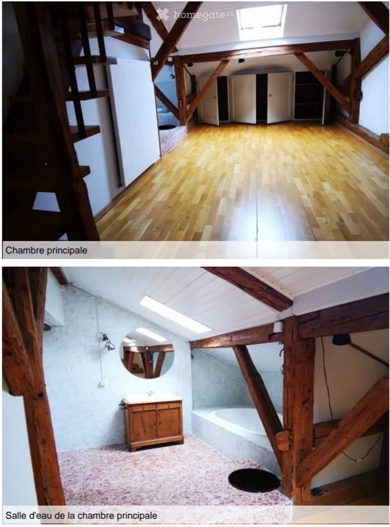 Top image shows an unfurnished room with wooden flooring, exposed wooden beams, and a staircase leading to another level. Bottom image shows a small, unfurnished bathroom with a sink, mirror, and exposed wooden beams.