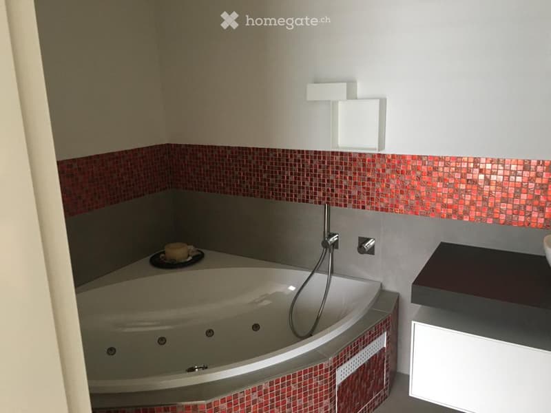 Modern bathroom with a corner bathtub, red mosaic tiles, a sleek sink, and a cup on the edge of the tub.