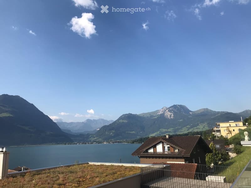 View from a rooftop terrace overlooking a lake and mountain range, with a small house visible in the foreground.