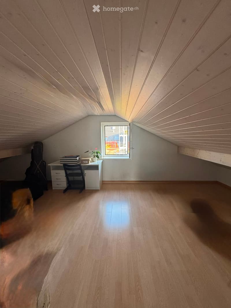 Spacious attic room with wooden floors, slanted wooden ceiling, large window, small desk with chair, guitar case, and flower pot.