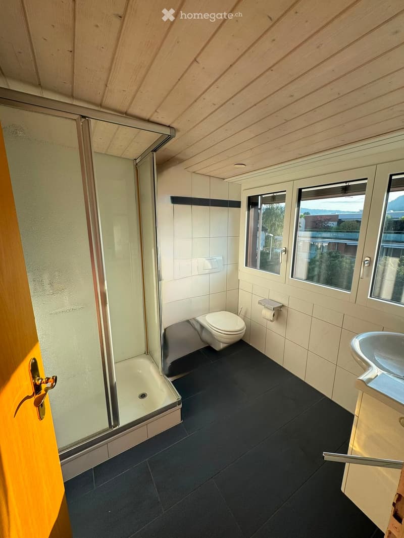 Modern bathroom with a toilet, sink, and shower. The room features white tiled walls, a dark tiled floor, and large windows offering a view of the outside.
