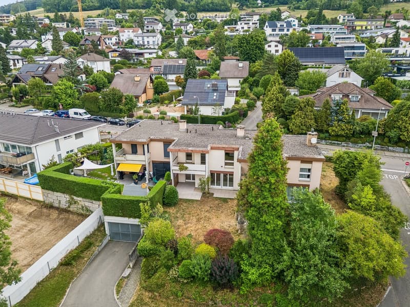Aerial view of a suburban neighborhood with multiple houses, gardens, and parked cars. Houses feature varied architectural styles, some with solar panels on the roofs, surrounded by greenery and trees.