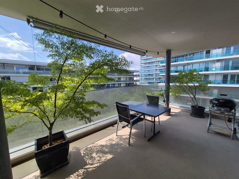 Modern balcony with a dining table, chairs, grill, and potted plants, overlooking a cityscape with contemporary buildings.