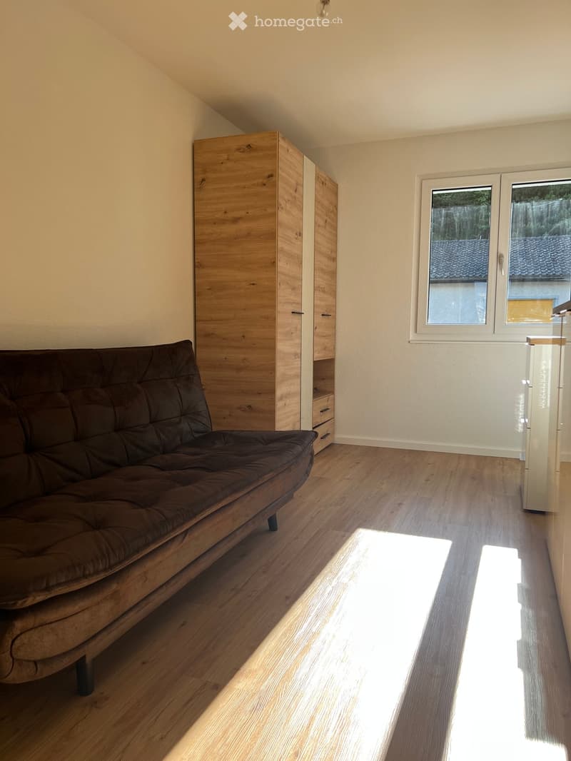 Bright room with wooden floor, large window, brown sofa, and wooden wardrobe.