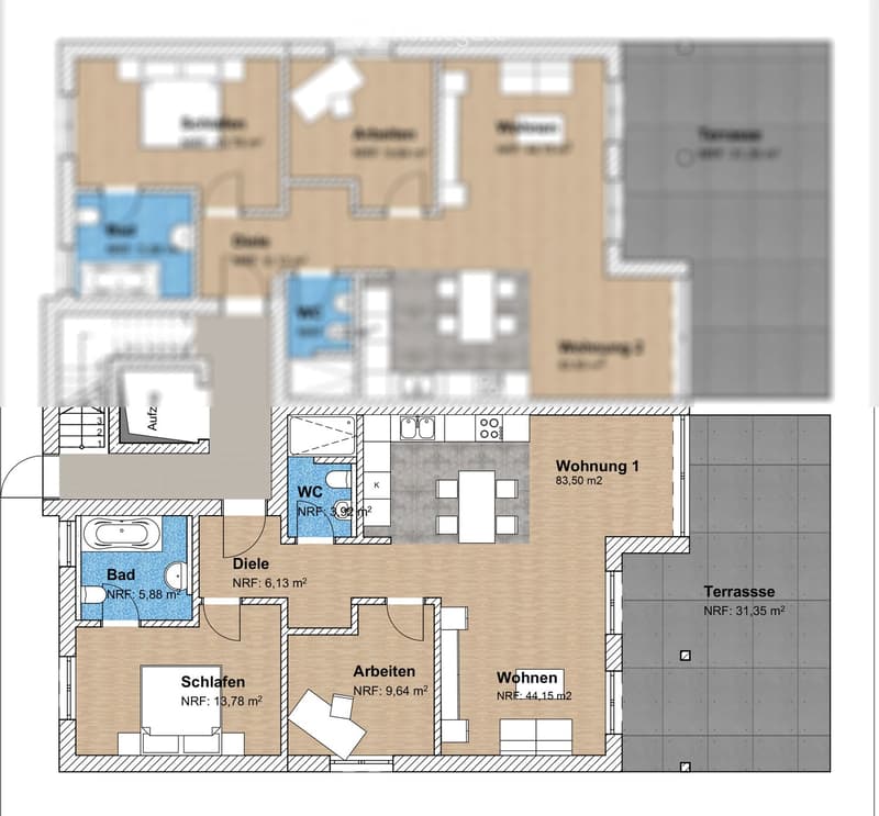 Floor plan of a residential unit with labeled rooms including living area, bedroom, bathroom, kitchen, and terrace.