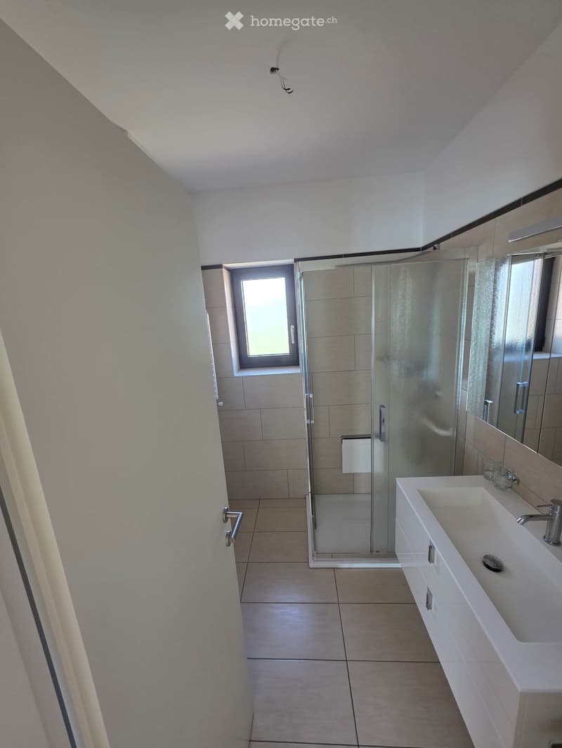 Modern bathroom with a white sink, chrome faucet, large mirror, glass-enclosed shower stall, and tiled floor.