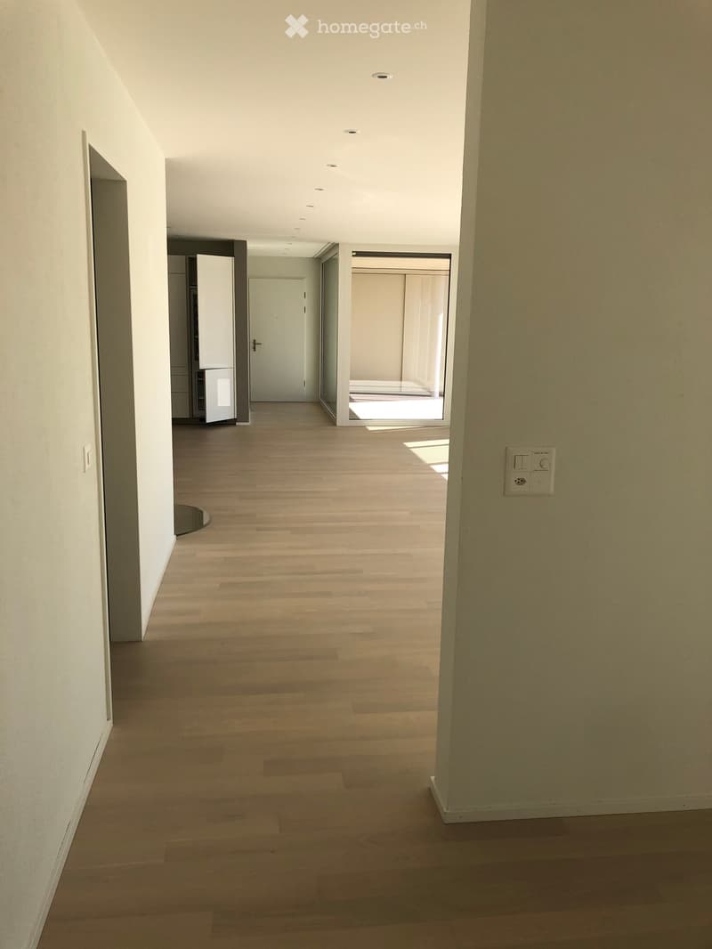 Empty hallway with light wooden flooring, white walls, and recessed ceiling lighting. Doors lead to adjacent rooms.