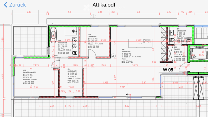 Floor plan of an attic level showing multiple rooms including bedrooms, bathrooms, and a hallway. Dimensions and room labels are indicated.