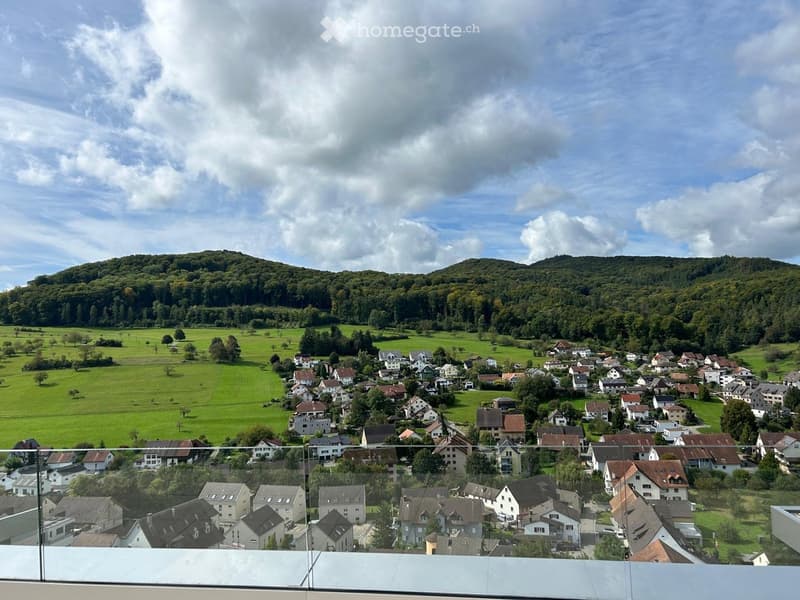 A panoramic view from a balcony or terrace overlooking a small village nestled in a lush green valley surrounded by hills and trees.