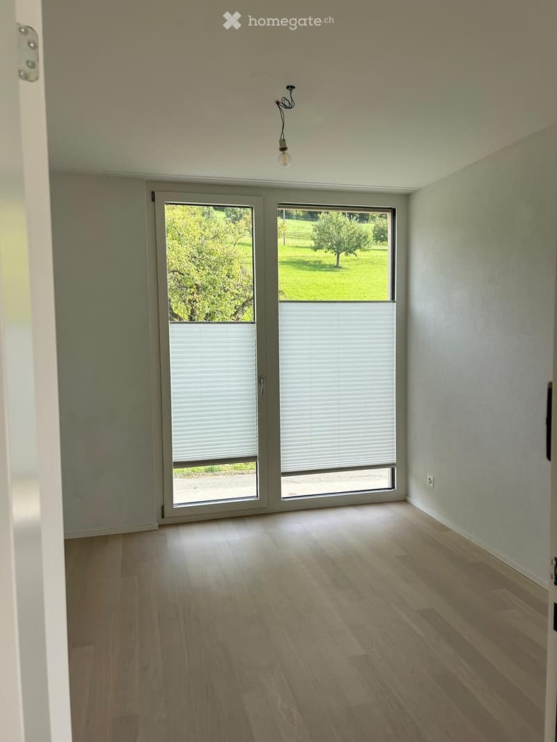 Empty room with light wooden flooring, white walls, and large sliding glass doors with blinds leading to a green outdoor area.