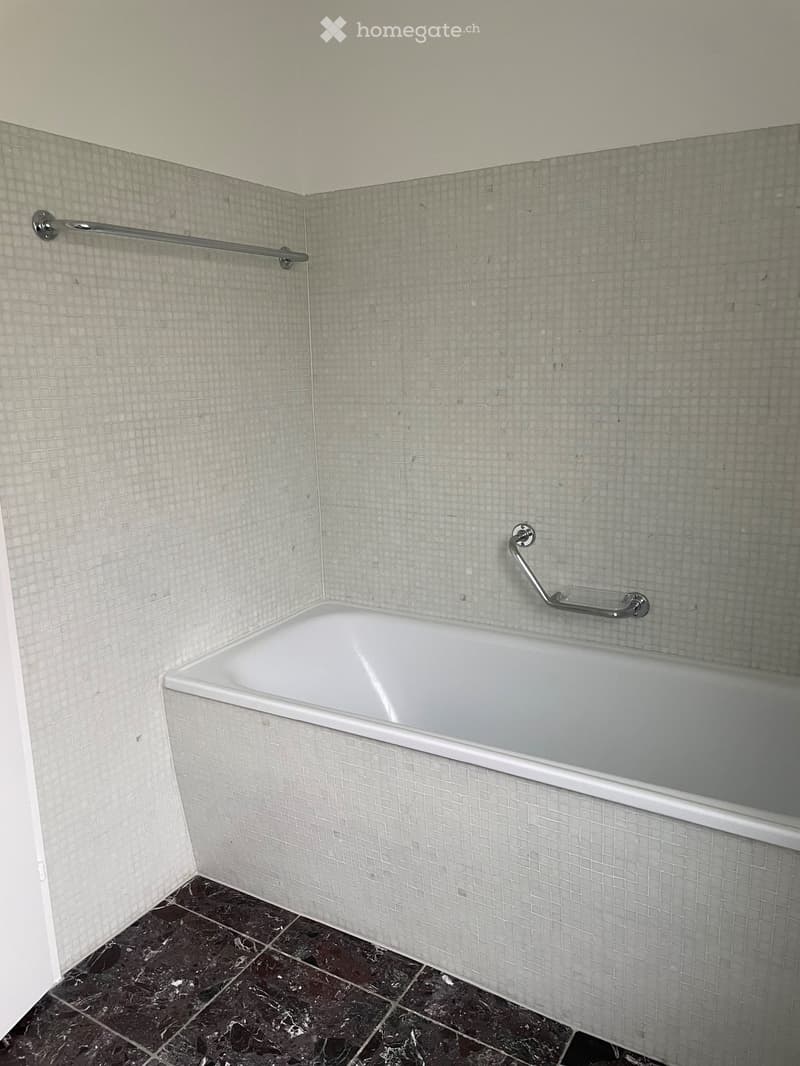 Bathtub with handrails, white tiled walls, and dark marble flooring.