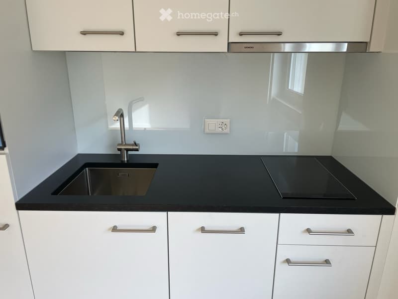 Modern kitchen with white cabinets, black countertop, stainless steel sink and faucet, and an induction cooktop.