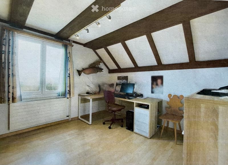 A cozy attic room with a slanted wooden ceiling, a large window with curtains, a desk with a computer, a fish mounted on the wall, and a wooden chair.