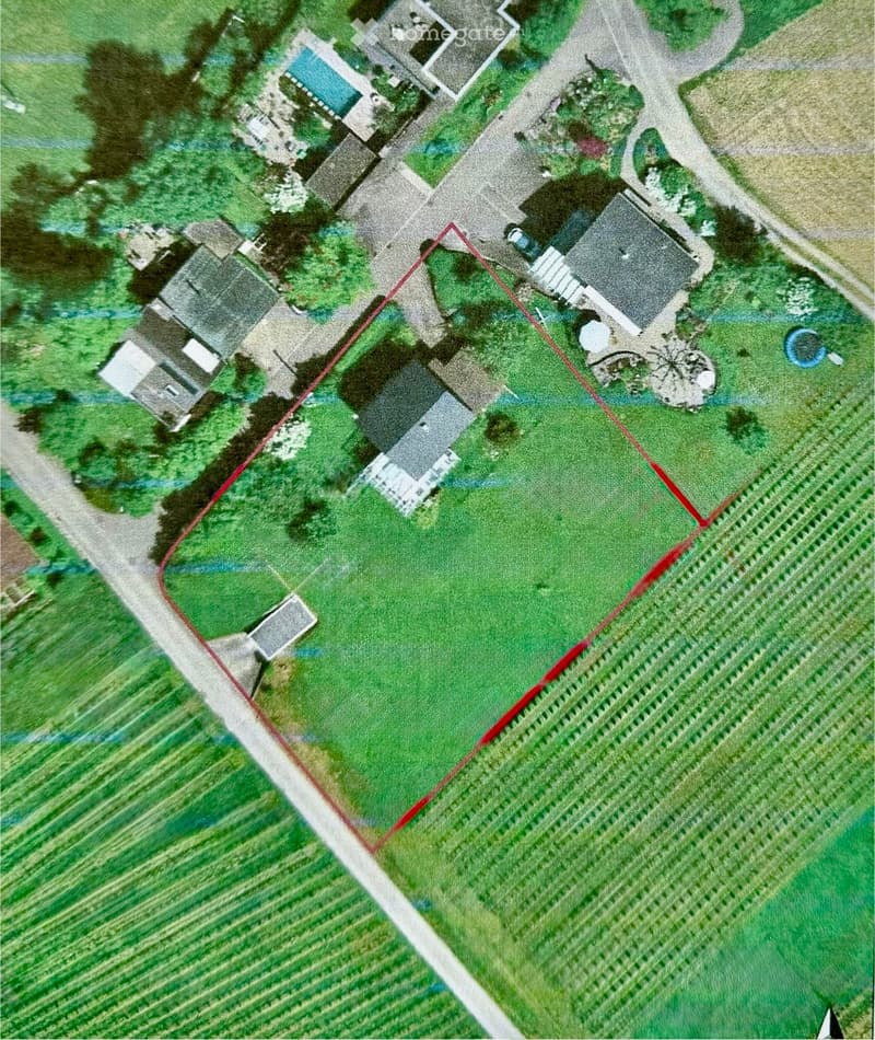 Aerial view of a residential property with multiple buildings, including a main house, outbuildings, and a swimming pool, surrounded by green fields and a road.