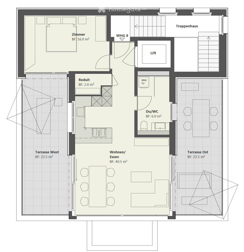 Floor plan showing a living/dining area, bedroom, bathroom, hallway, and two terraces.