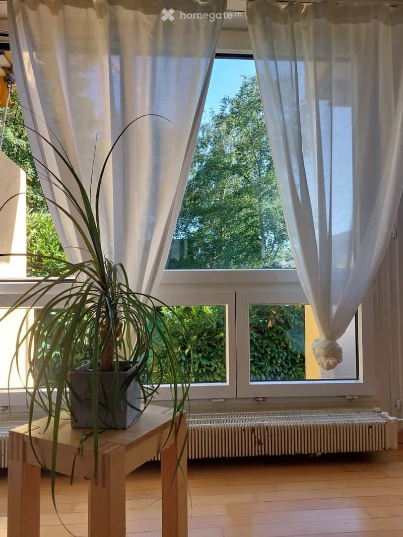 Empty room with wooden flooring, large window with white curtains, radiator, and a small wooden table with a potted plant.
