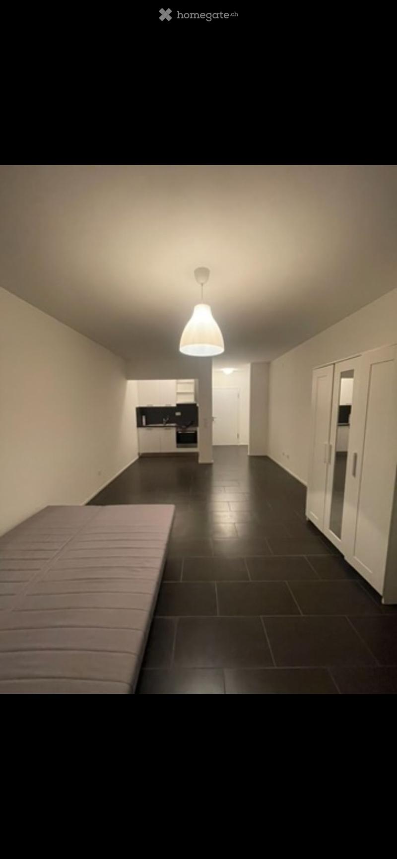 Modern hallway with dark tiled floor, white walls, pendant light, sofa on left, kitchen area visible in background with cabinets and oven.