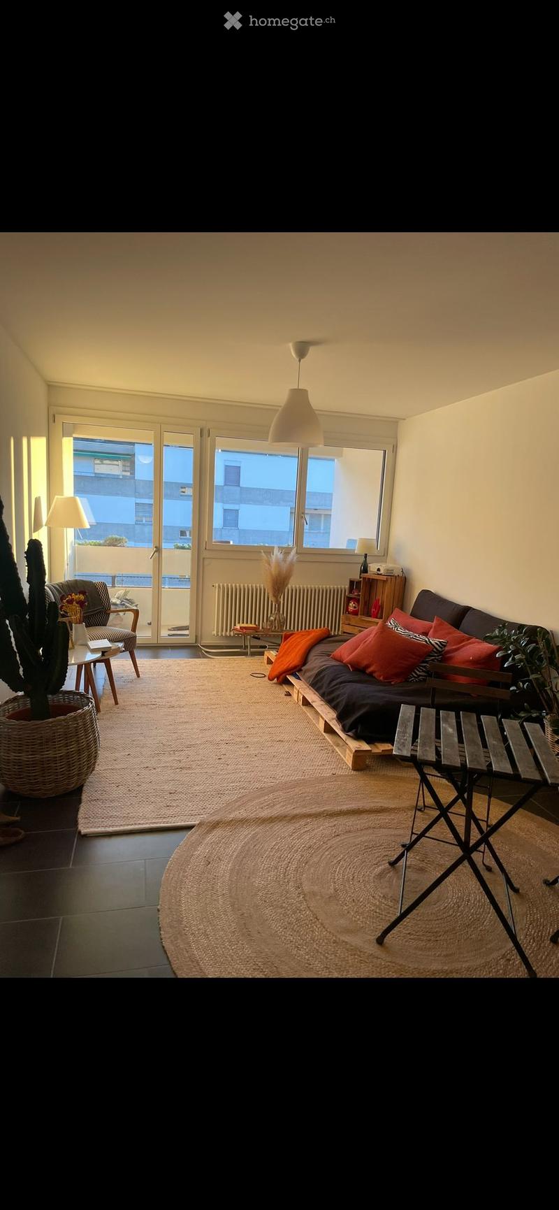 Modern living room with a sofa, chair, small table, and potted plant near a large window with a view of the balcony.