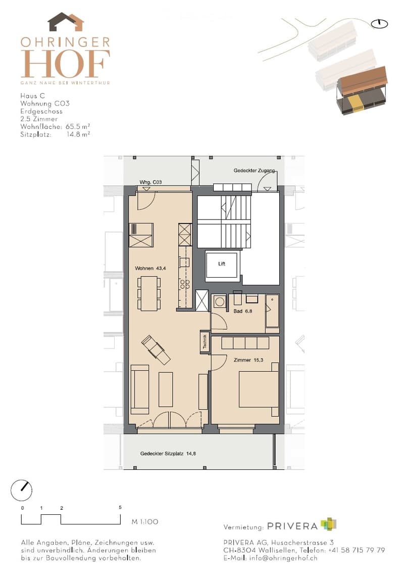 Floor plan of a 2.5-room apartment with a living area, bedroom, bathroom, and covered seating area.