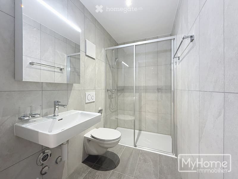 Modern bathroom with a white sink, toilet, glass-enclosed shower, and a large mirror with built-in storage. The walls are tiled in light grey, and the floor is tiled in a darker grey.
