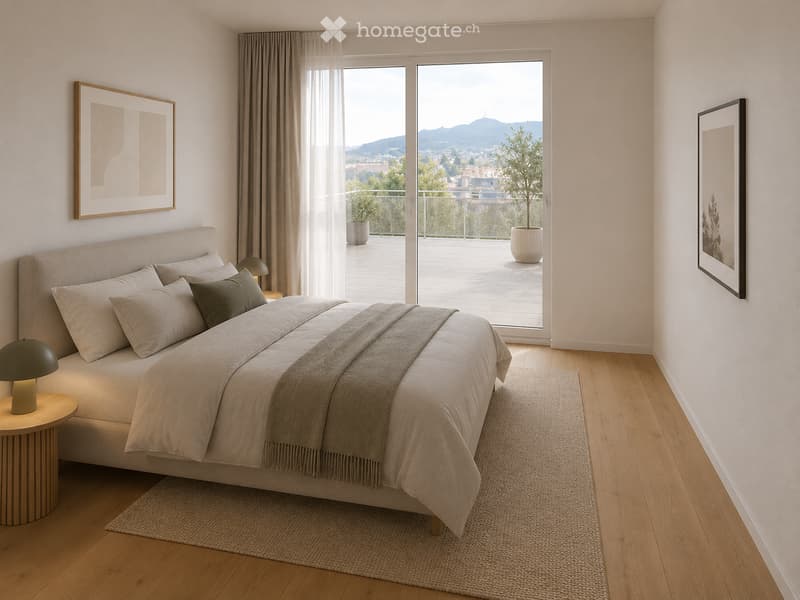 Modern bedroom with a large bed, nightstand, lamp, and a view of the city and mountains through large windows and a balcony door.