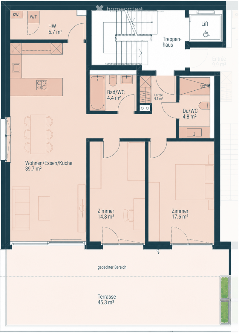 Floor plan showing a multi-level layout with a living/dining/kitchen area, two bedrooms, two bathrooms, entrance, staircase, lift, and a terrace.