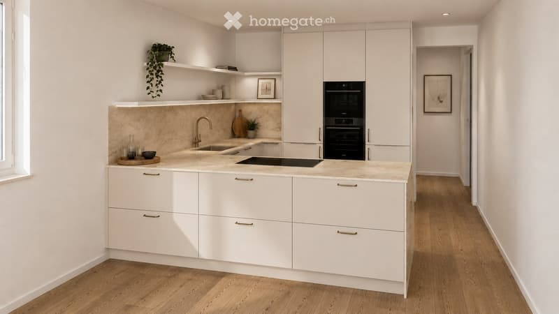Modern kitchen with white cabinets, marble countertops, and a central island. Features include a sink, faucet, oven, and decorative items such as a potted plant and framed picture.