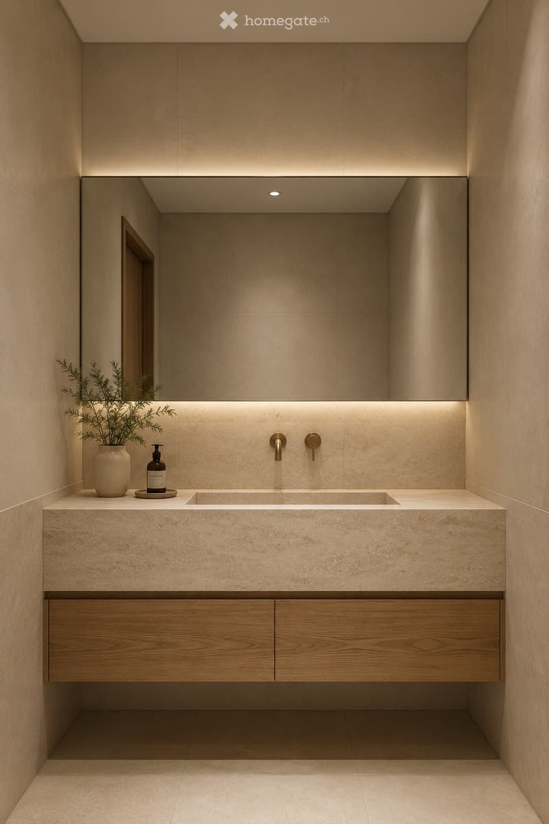 Modern bathroom with a large sink, integrated wooden cabinet, sleek faucet, and a large mirror with integrated lighting. A small vase with greenery and a soap dispenser are placed on the countertop.