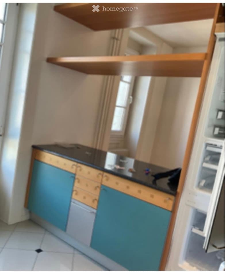 Modern kitchen with blue and wooden cabinets, black countertop, and built-in appliances including a dishwasher.