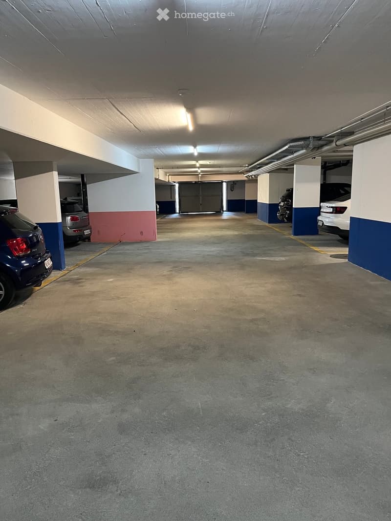 Underground parking area with concrete floors, white and blue painted pillars, and several parked cars.
