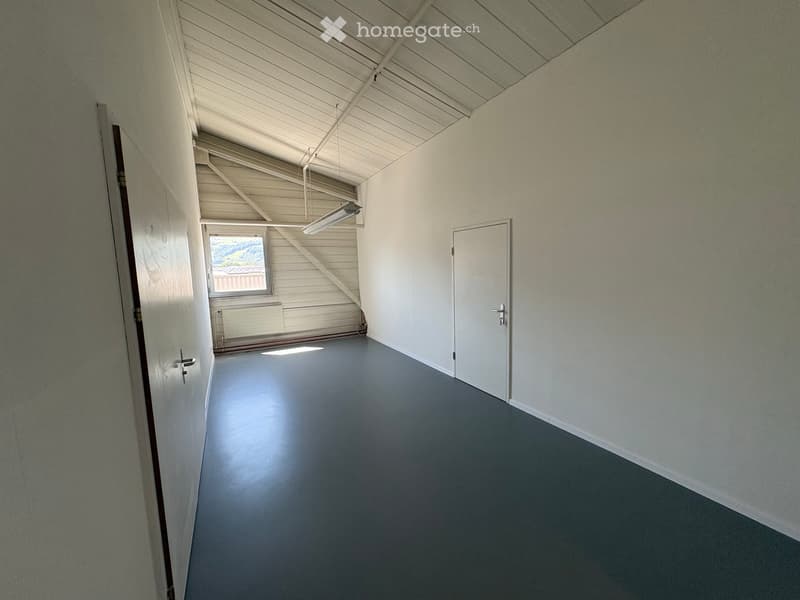 Empty room with grey flooring, white walls, and a slanted wooden ceiling. Features a single window and a closed door.