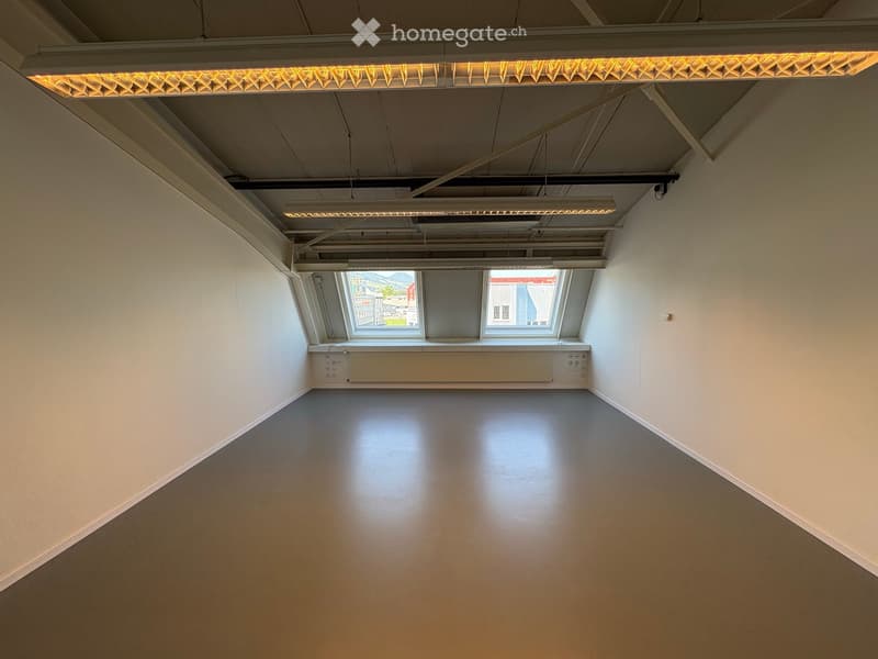 Empty room with white walls, a polished concrete floor, and a skylight window offering a view of the outside. The ceiling features modern, geometric lighting fixtures.