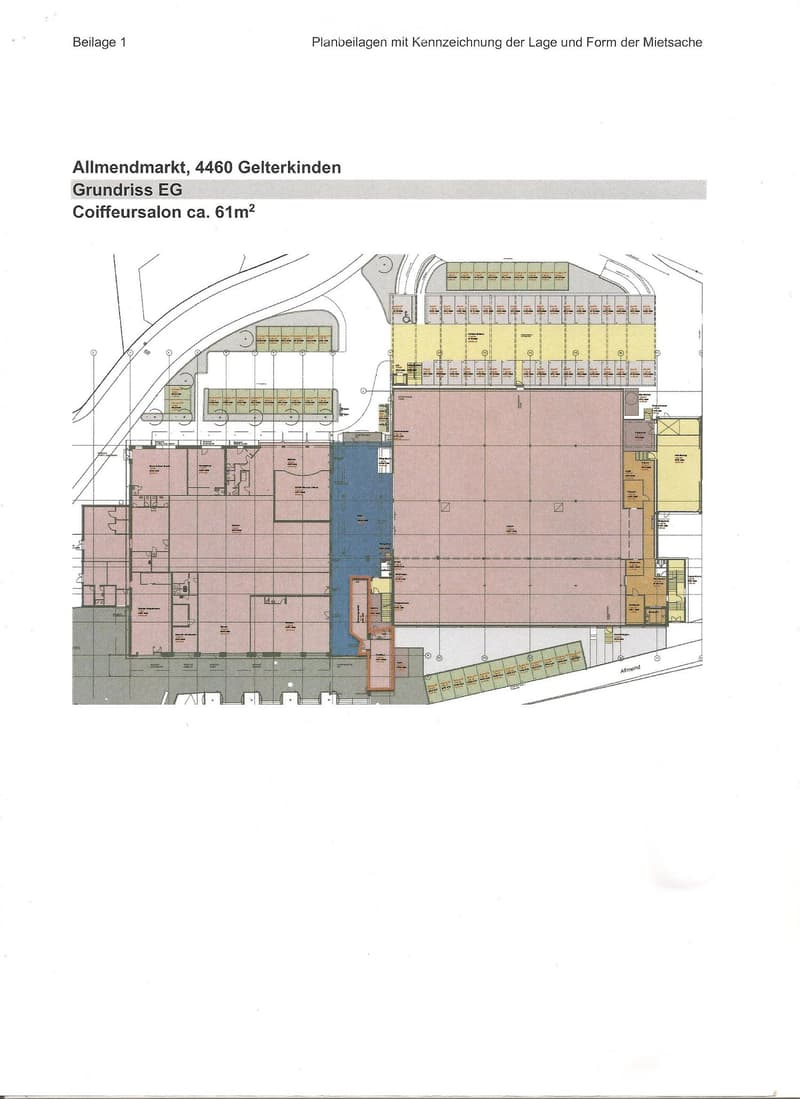 Floor plan shows ground floor with shops and service spaces, including a hair salon of approximately 61 square meters.