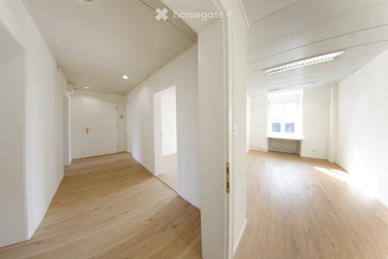 Empty hallway and adjacent unfurnished room with light wooden flooring, white walls, and minimal fixtures.