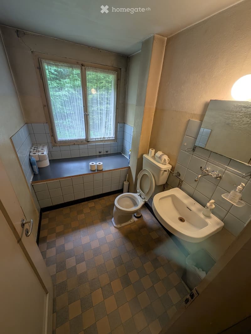Bathroom with a toilet, sink, mirror, and toilet paper on the counter. The room has tiled walls and a window with curtains.