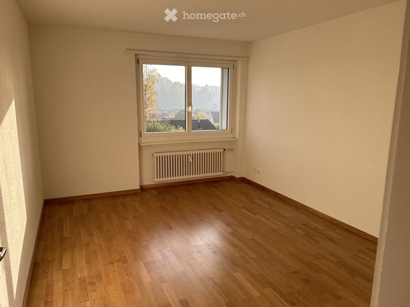 Empty room with wooden flooring, white walls, and a large window with a view of trees and rooftops. A radiator is visible below the window.
