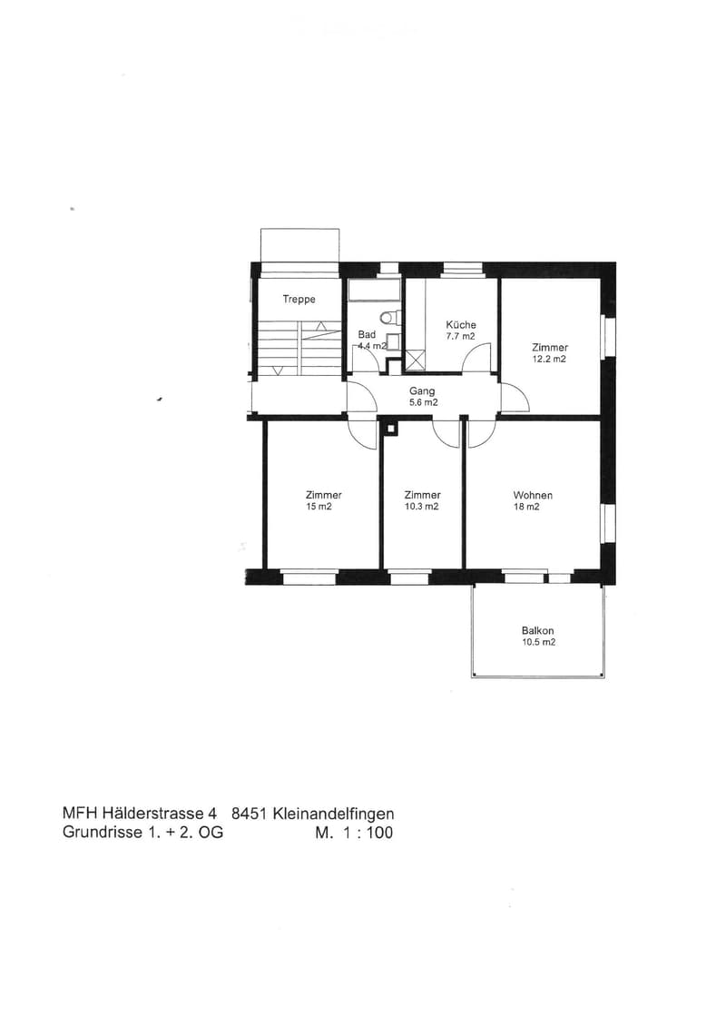 Floor plan showing a two-story layout with rooms labeled in German: Treppe (staircase), Bad (bathroom), Küche (kitchen), Zimmer (rooms), Wohnen (living area), and Balkon (balcony).
