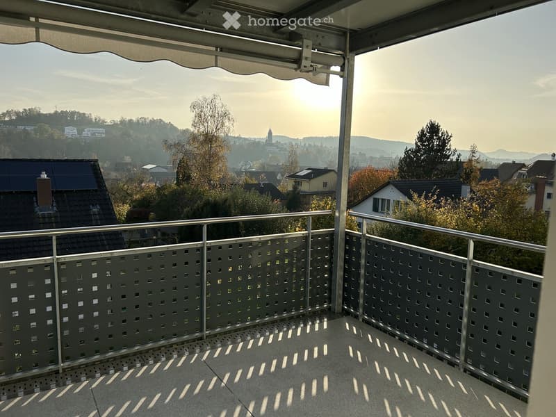Balcony with metal railing and patterned panels, overlooking a cityscape with houses, trees, and distant hills.